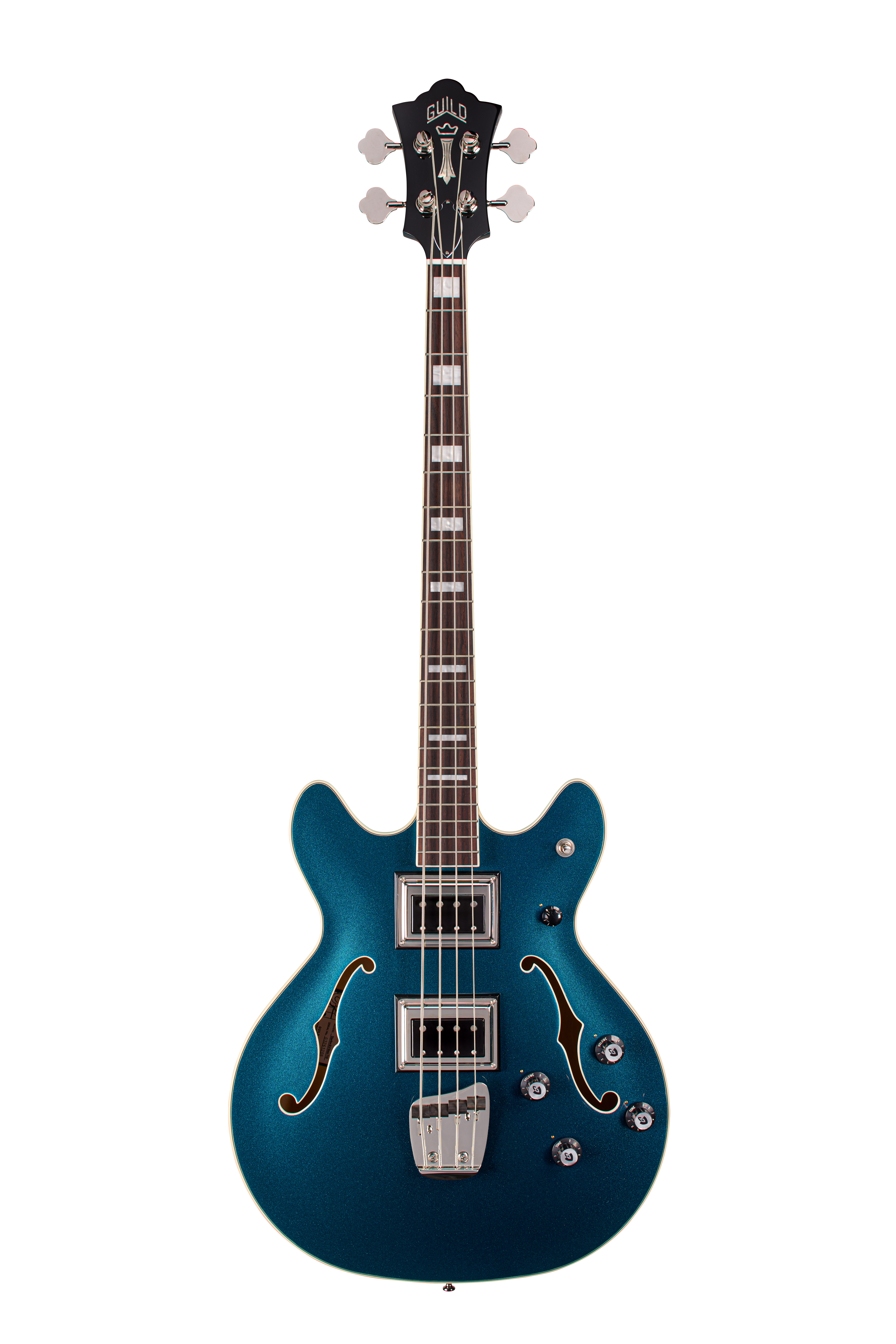E-Bass, Halbakustik, Blaue E-Gitarre, Doppel-Humbucker, F-Löcher